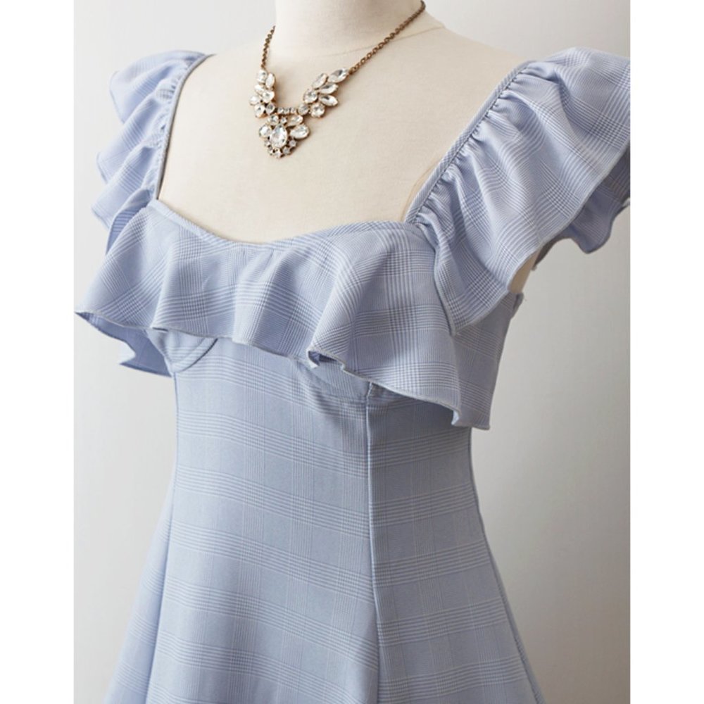 Light Blue Plaid Ruffle Sweetheart Fit Flare Dress - Picture 6 of 8